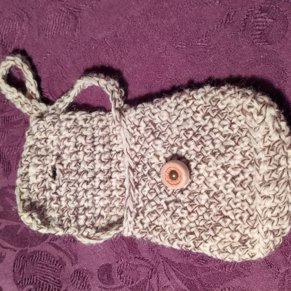 Handmade Crochet Tiny Bag with Antique Button 100% Virgin Wool Oak Tweed - Picture 6 of 10